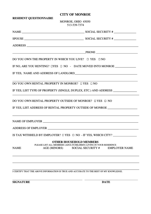 Resident Questionnaire Form - City Of Monroe Printable pdf