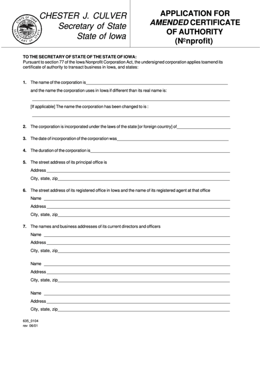 Form 635_0104 - Application For Amended Certificate Of Authority - Nonprofit - 2001 Printable pdf