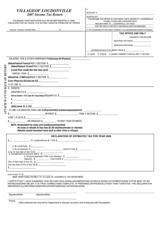 2007 Income Tax Return Form - Village Of Loudonville Printable pdf