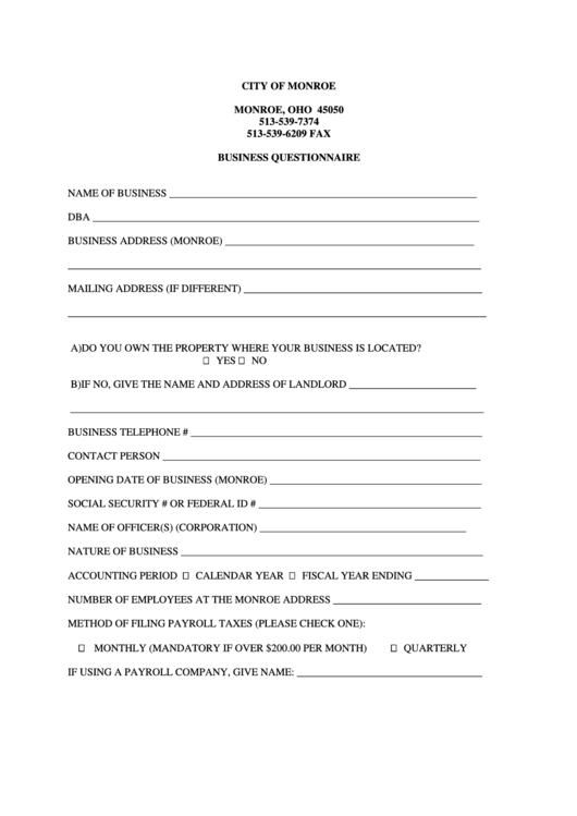 Business Questionnaire Form - City Of Monroe Printable pdf