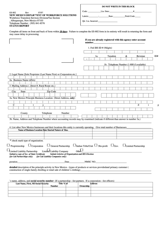 Form Es-802 - Status Report Printable pdf
