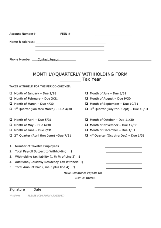 Form W-1 - Monthly/quarterly Withholding Form Printable pdf