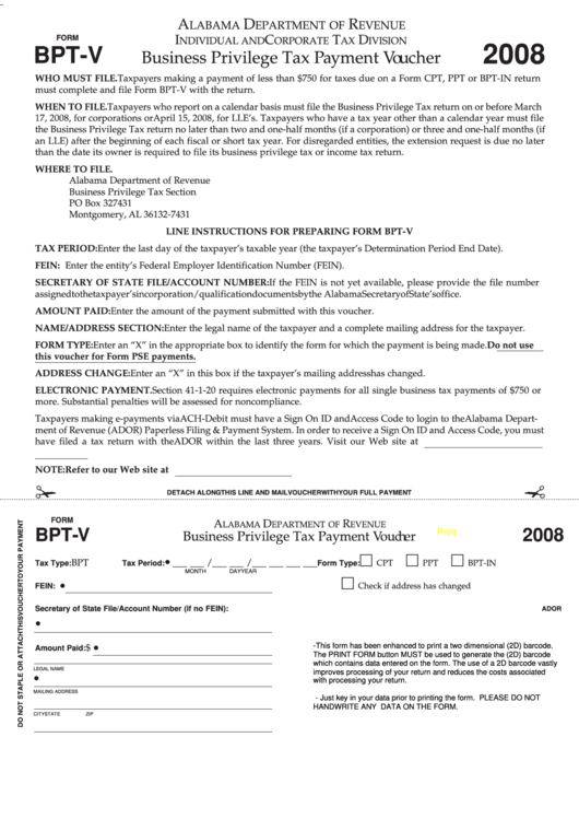Fillable Form Bpt-V - Business Privilege Tax Payment Voucher Form - Alabama Department Of Revenue Printable pdf