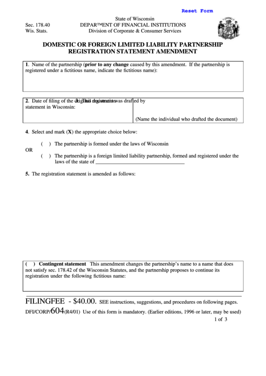 Fillable Domestic Or Foreign Limited Liability Partnership Registration Statement Amendment Form Printable pdf