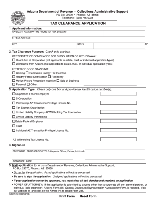 Fillable Form Ador 25-0002f - Tax Clearance Application - 2009 Printable pdf