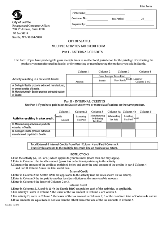 Fillable Multiple Activities Tax Credit Form - City Of Seattle Printable pdf