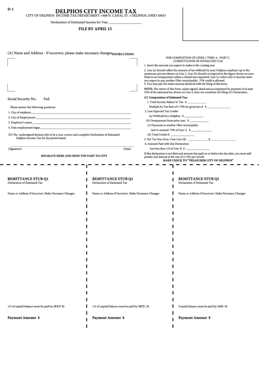 Form D-1 - Income Tax Printable pdf