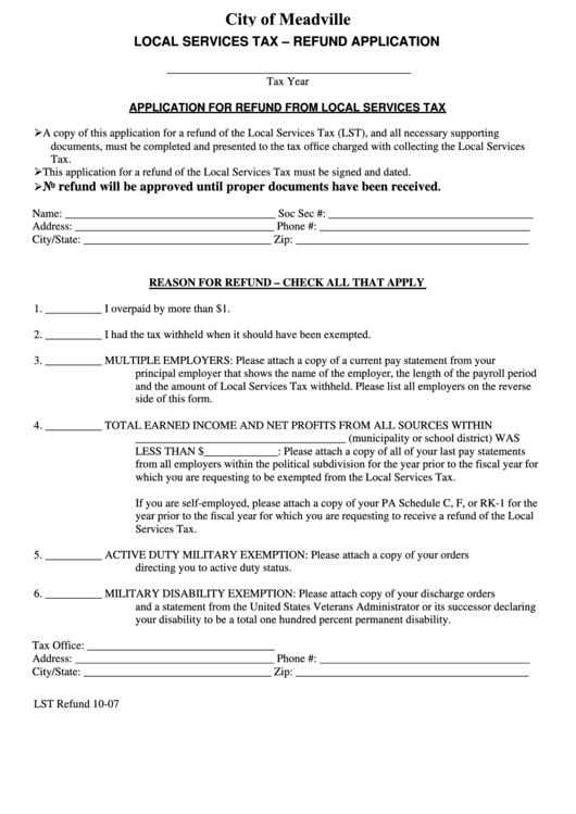 Form Lst - Local Services Tax - Refund Application - City Of Meadville - 2007 Printable pdf