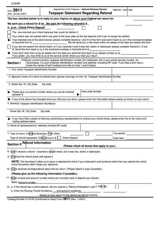 Fillable Form 3911 - Taxpayer Statement Regarding Refund Form - Department Of The Treasury Internal Revenue Service Printable pdf