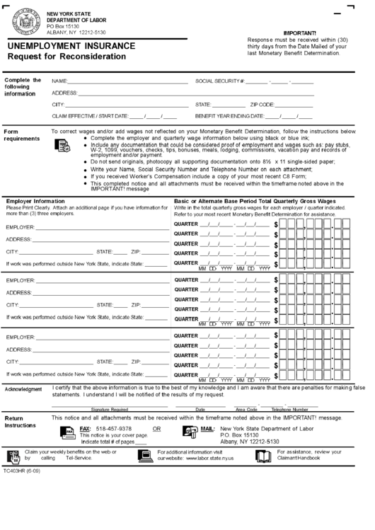 Form Tc403hr - Unemployment Insurance Request For Reconsideration Form Printable pdf