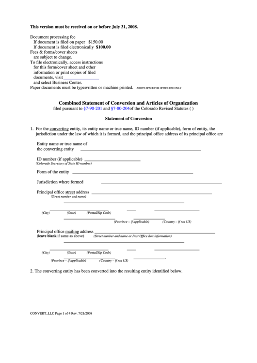 Fillable Combined Statement Of Conversion And Articles Of Organization Form - 2008 Printable pdf