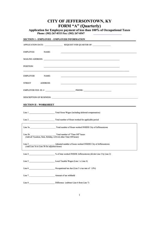 Form A - Quarterly - Application For Employee Payment Of Less Than 100% Of Occupational Taxes Printable pdf