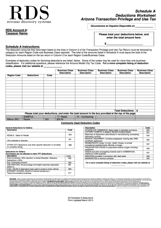 Schedule A - Deductions Worksheet - Rds Arizona Transaction Privilege And Use Tax - 2013 Printable pdf
