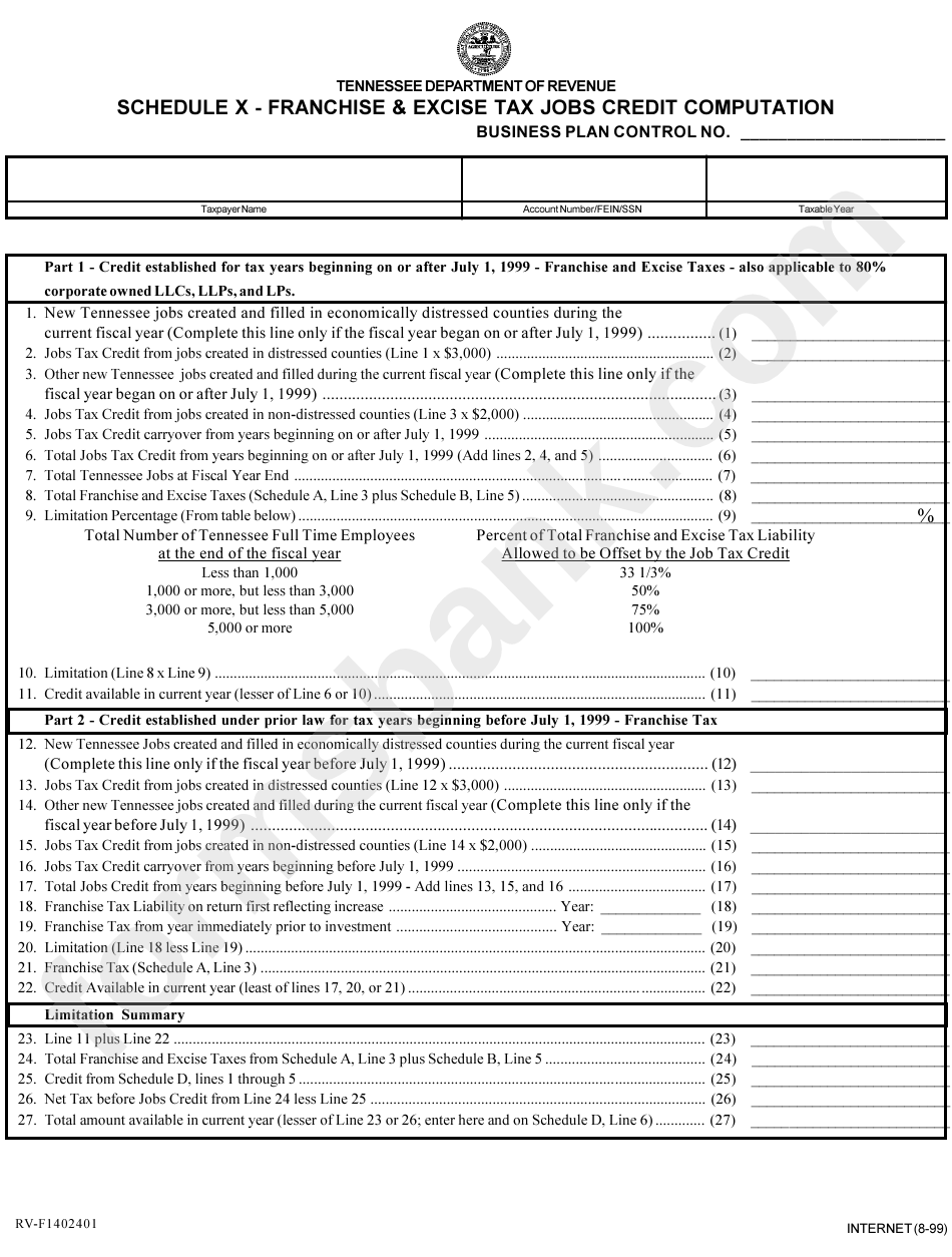 Form Rv-F1402401 - Franchise & Excise Tax Jobs Credit Computation - 1999