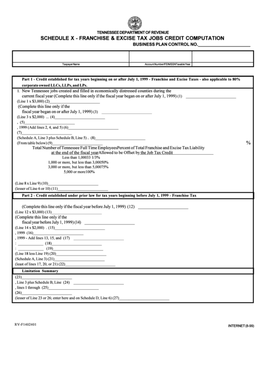 Form Rv-F1402401 - Franchise & Excise Tax Jobs Credit Computation - 1999 Printable pdf