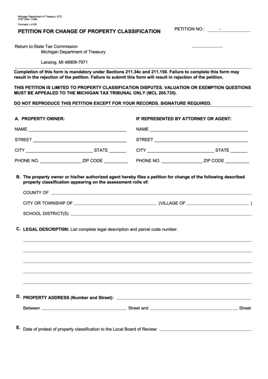 Form L-4100 - Petition For Change Of Property Classification Printable pdf