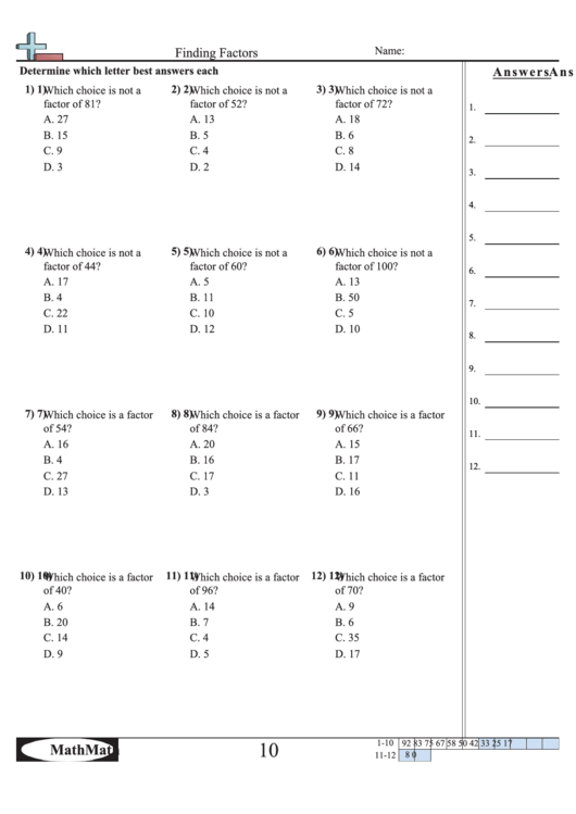 Finding Factors Worksheet Printable pdf