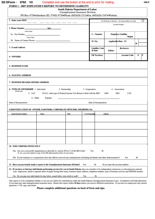 Fillable Sd Eform 0262 - 2007 Employer