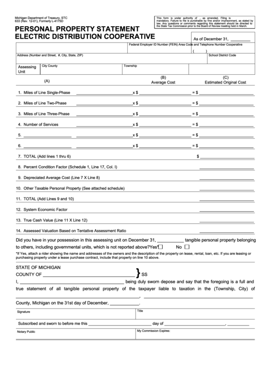Form L-4175d - Personal Property Statement Electric Distribution Cooperative - 2001 Printable pdf