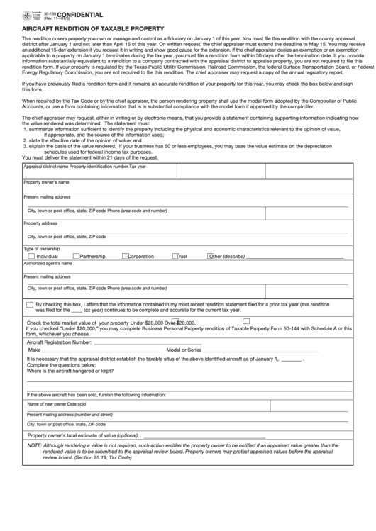 Fillable Form 50-159 - Aircraft Rendition Of Taxable Property - 2005 Printable pdf