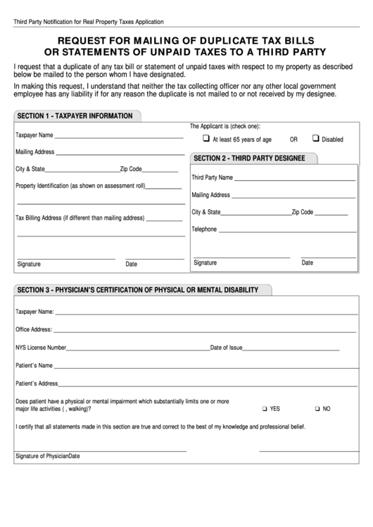 Third Party Notification For Real Property Taxes Application Form Printable pdf