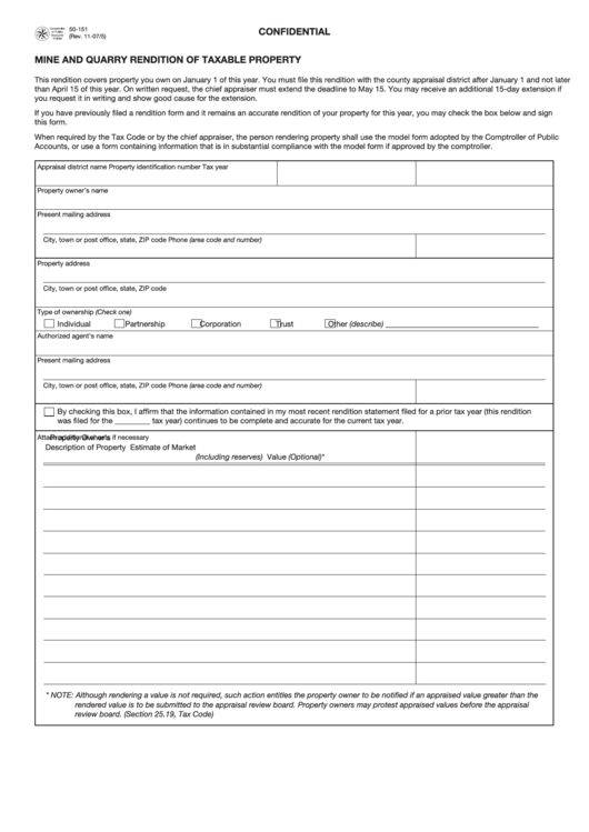 Fillable Form 50-151 - Mine And Quarry Rendition Of Taxable Property Printable pdf