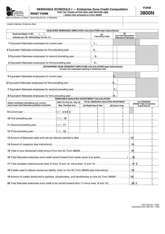 Fillable Form 3800n - Nebraska Schedule I - Enterprise Zone Credit Computation For Tax Years After 2003 And Before 2006 Printable pdf