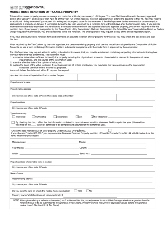 Fillable Form 50-160 - Mobile Home Rendition Of Taxable Property - 2005 Printable pdf