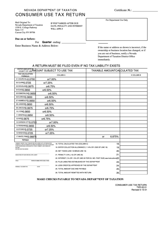 Fillable Form Txr-02.01 - Consumer Use Tax Return Printable pdf