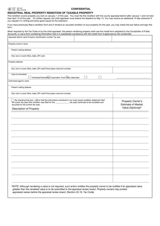 Fillable Form 50-149 - Industrial Real Property Rendition Of Taxable Property - 2005 Printable pdf