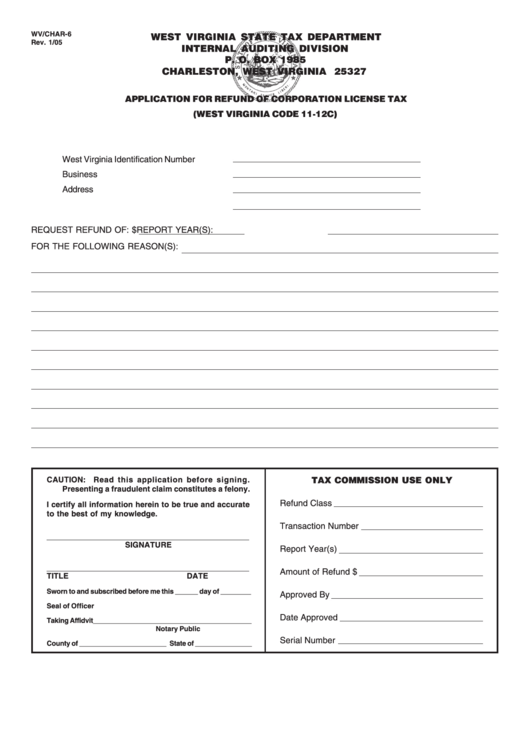 Form Wv/char-6 - Application For Refund Of Corporation License Tax Printable pdf