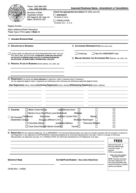 Fillable Form Cr102 - Assumed Business Name - Amendment Or Cancellation Printable pdf