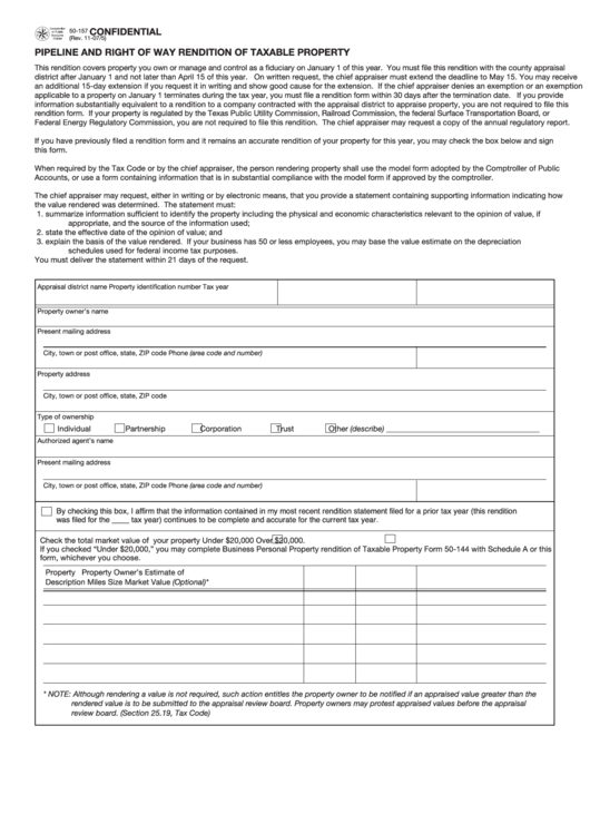 Fillable Form 50-157 - Pipeline And Right Of Way Rendition Of Taxable Property - 2005 Printable pdf