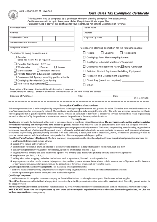 Form 31-014a - Iowa Sales Tax Exemption Certificate - 2010 , Form 31-014b - Exemption Certificate Instructions - 2010 Printable pdf