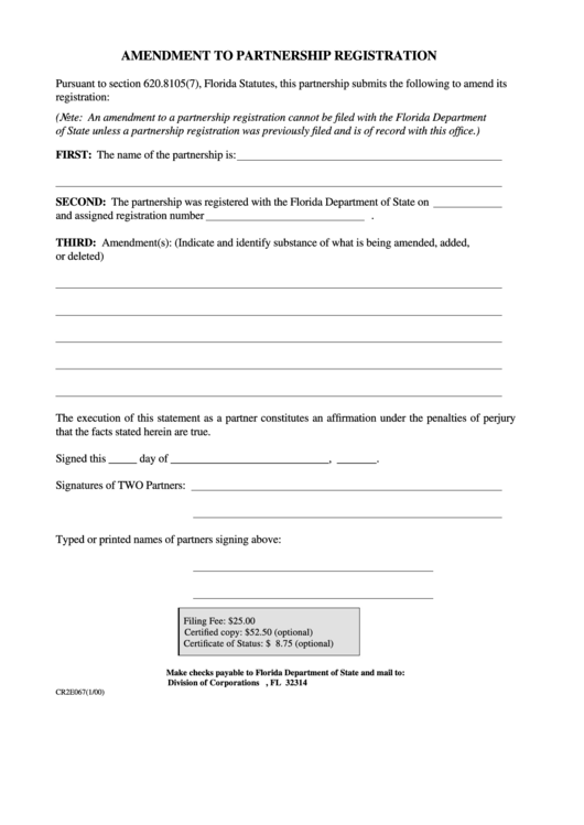 Form Cr2e067 - Amendment To Partnership Registration Printable pdf