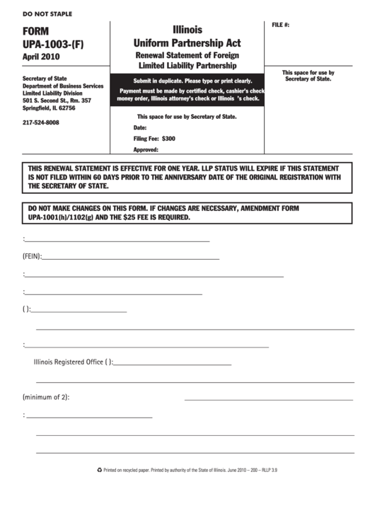 Fillable Form Upa-1003-(F) - Illinois Uniform Partnership Act Form - Secretary Of State Department Of Business Services Printable pdf