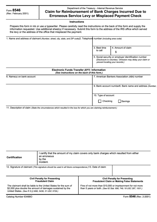 Fillable Form 8546 - Claim For Reimbursement Of Bank Charges Incurred Due To Erroneous Service Levy Or Misplaced Payment Check - 2001 Printable pdf
