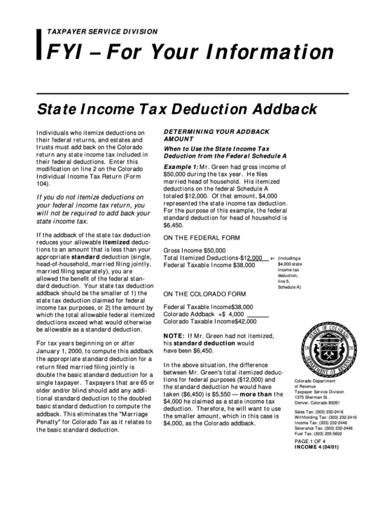 State Income Tax Deduction Addback Form Printable pdf
