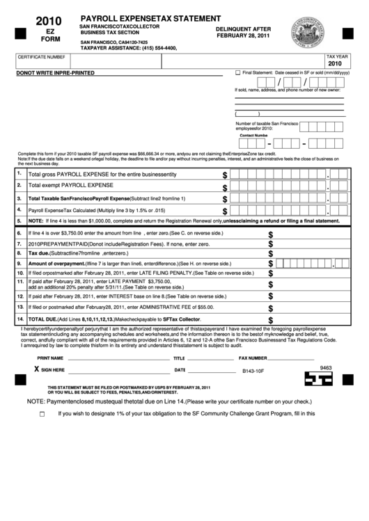 Fillable 2010 Ez Form - Payroll Expense Tax Statement Printable pdf