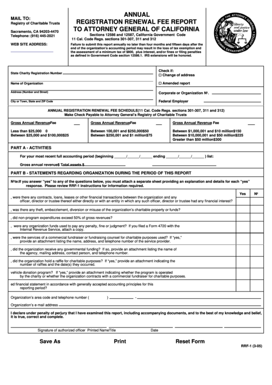 Fillable Form Rrf-1 - Annual Registration Renewal Fee Report To Attorney General Of California Printable pdf