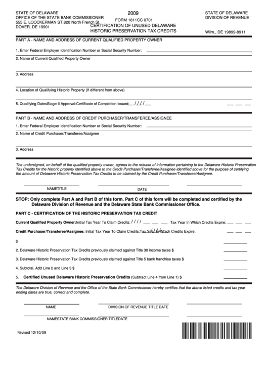 Fillable Form 1811cc 0701 - Certification Of Unused Delaware Historic Preservation Tax Credits - 2009 Printable pdf