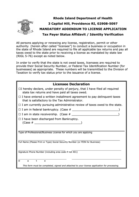 Rhode Island - Mandatory Addendum Form To License Application - Tax Payer Status Affidavit / Identity Verification Printable pdf
