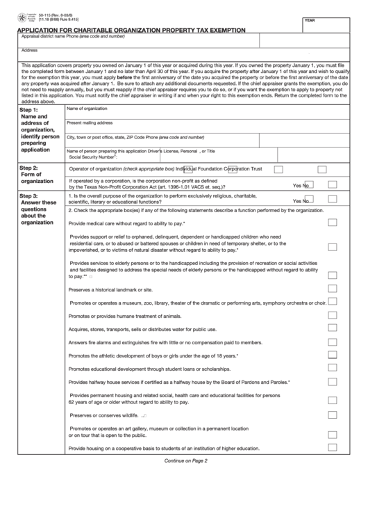 Fillable Form 50-115 - Application For Charitable Organization Property Tax Exemption Printable pdf