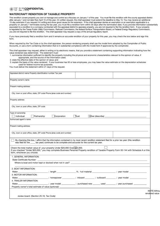Fillable Form 50-158 - Watercraft Rendition Of Taxable Property - 2005 Printable pdf