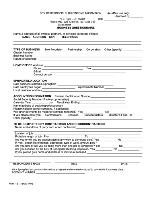 Fillable Form Itb-3 - Business Questionnaire Form Printable pdf