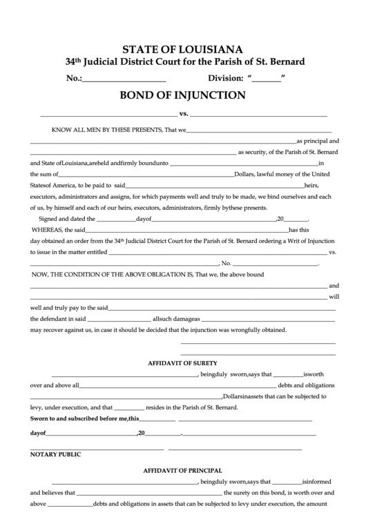 Bond Of Injunction Form - 34th Judicial District Court For The Parish Of St. Bernard Printable pdf