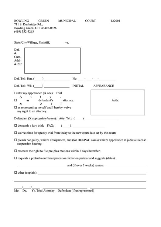 Bowling Green Municipal Court Form Printable pdf