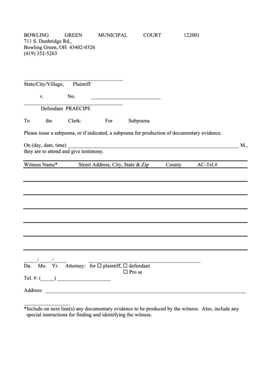 Bowling Green Municipal Court Form Printable pdf
