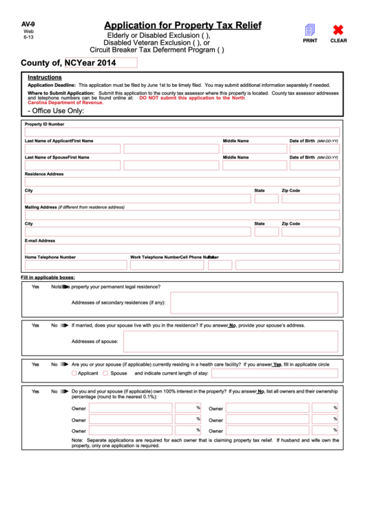Fillable Form Av-9 - Application For Property Tax Relief - 2014 Printable pdf