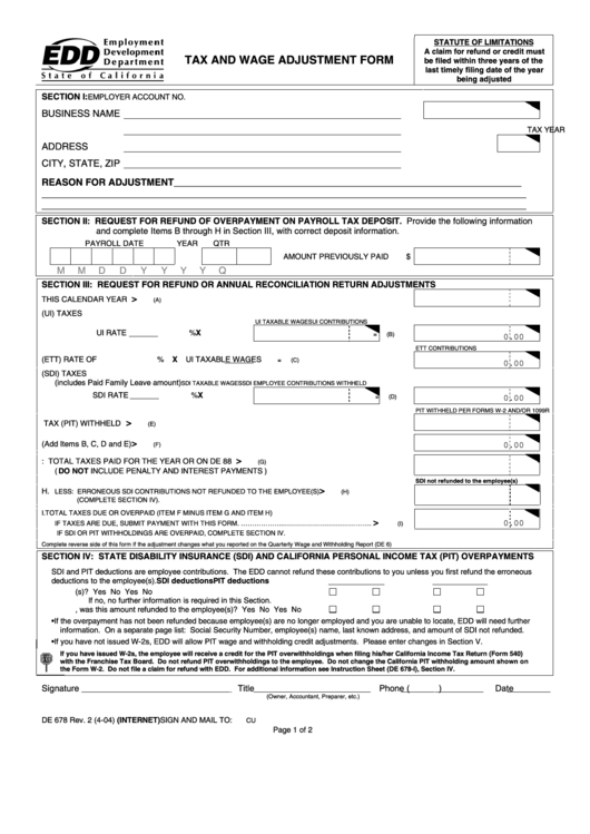 Fillable Form De 678 - Tax And Wage Adjustment Form - 2004 Printable pdf